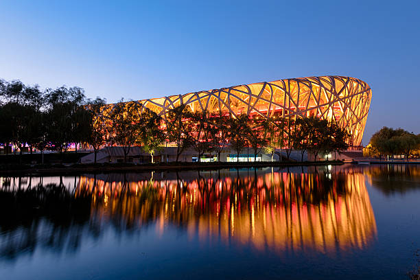 Beijing National Stadium at Night Beijing, China - October 26, 2015  Beijing National Stadium Building  at nigh. Beijing National Stadium, officially the National Stadium also known as the Bird's Nest. beijing olympic stadium photos stock pictures, royalty-free photos & images