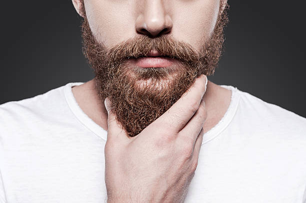 Touching his perfect beard. Close-up of young bearded man touching his beard while standing against grey background beard stock pictures, royalty-free photos & images