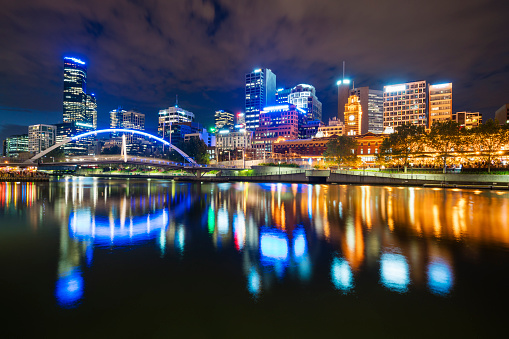 View of skyline and Yarra River in Melbourne CBD at night