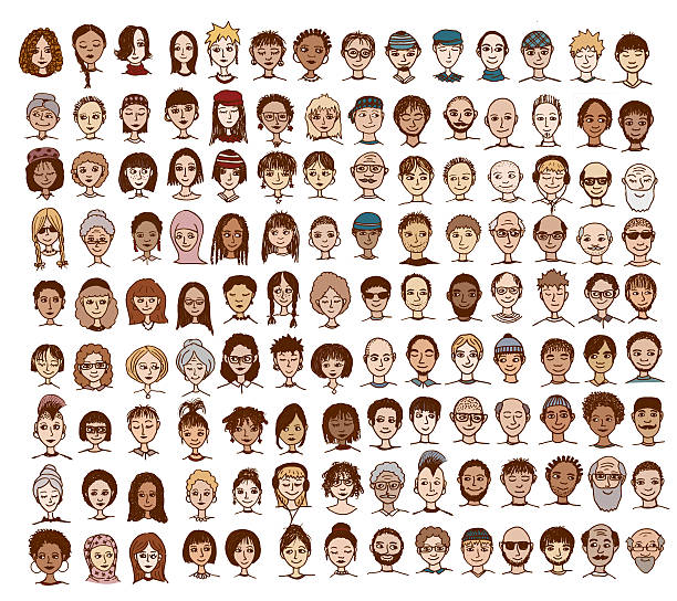 Collection of diverse hand drawn faces Collection of cute and diverse hand drawn faces in color crowd of people drawings stock illustrations