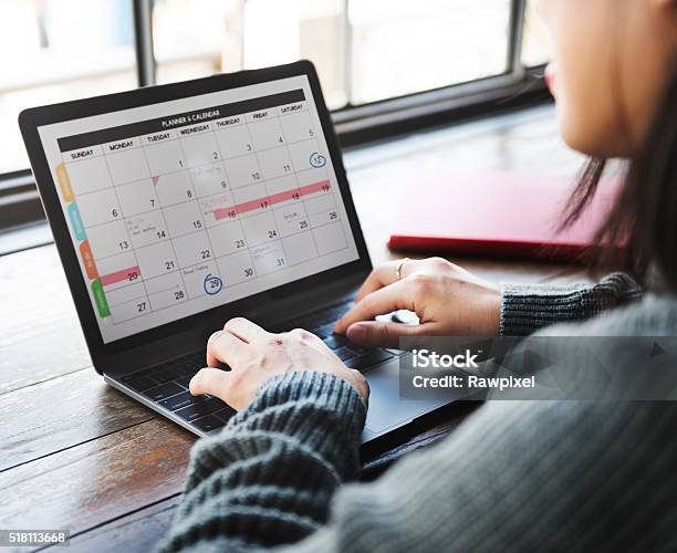 Planner Organizer Date Events Schedule Concept Stock Photo - Download Image Now - Calendar, Laptop, Personal Organizer