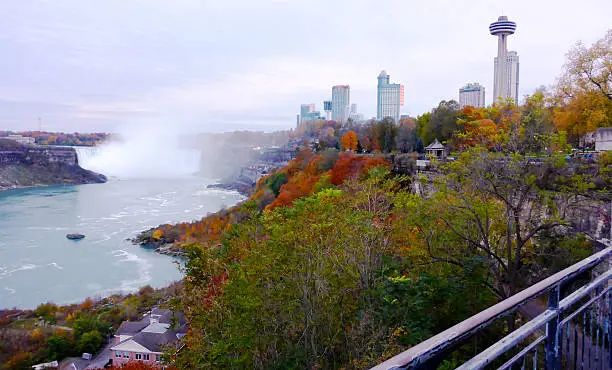 Niagara, Canada - November 5, 2013: View of Niagara Falls and town at dusk, highlighting the movement of water and the brightness of the homonymous city in the background