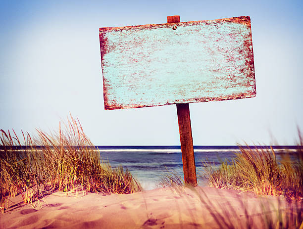 istock Beach Empty Plank Sign Banner Timber Coastline Summer Concept 518115526