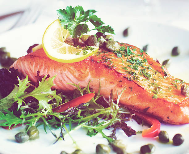 istock Grilled Salmon Fillet With Vegetables Concept 518115548