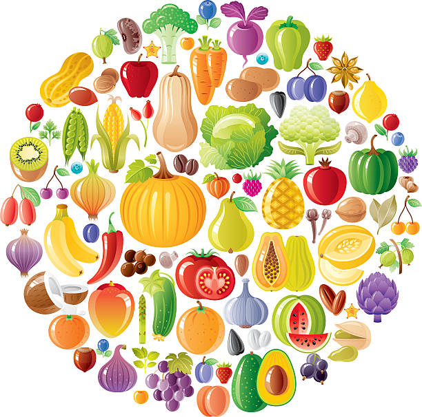 illustrazioni stock, clip art, cartoni animati e icone di tendenza di piatto vegetariano arcobaleno con frutta, verdura, frutti di bosco - artichoke food vegetable fruit