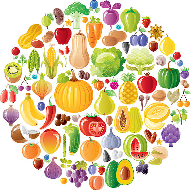 채식요리 레인보우 플라테 withe 과일, 야채, 너트, 베리류 - rainbow peppercorns stock illustrations
