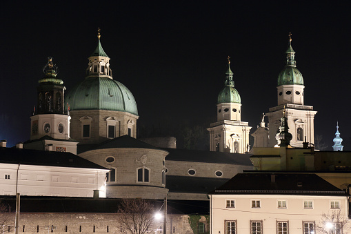 Salzburg Cathedral by night, Austria.