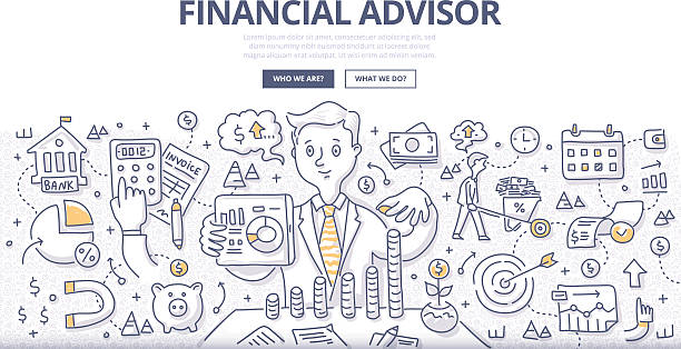 Financial Advisor Doodle Concept Doodle vector illustration of financial advisor giving advice on investment, saving money, managing money and planning ahead. Concept of financial consulting for web banners, hero images, printed materials tax drawings stock illustrations