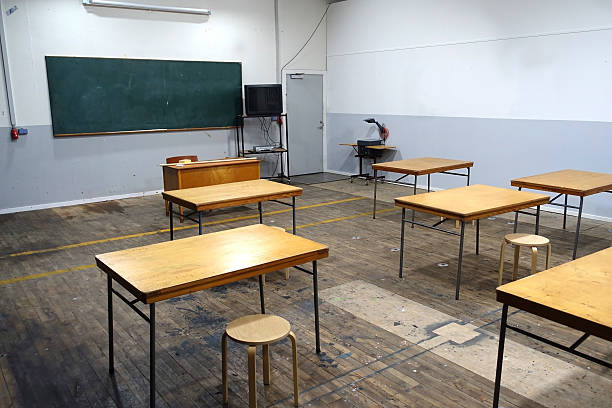 istock Desk, chairs and blackboard in classroom 518121432