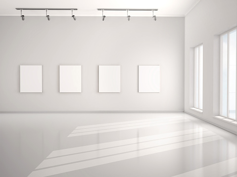 3d illustration of Great white canvas hanging in an empty open-plan interior