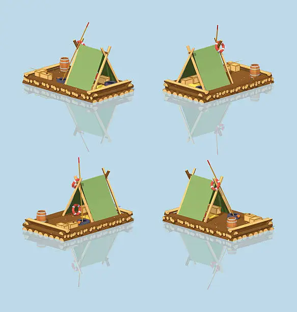 Vector illustration of Low poly wooden raft