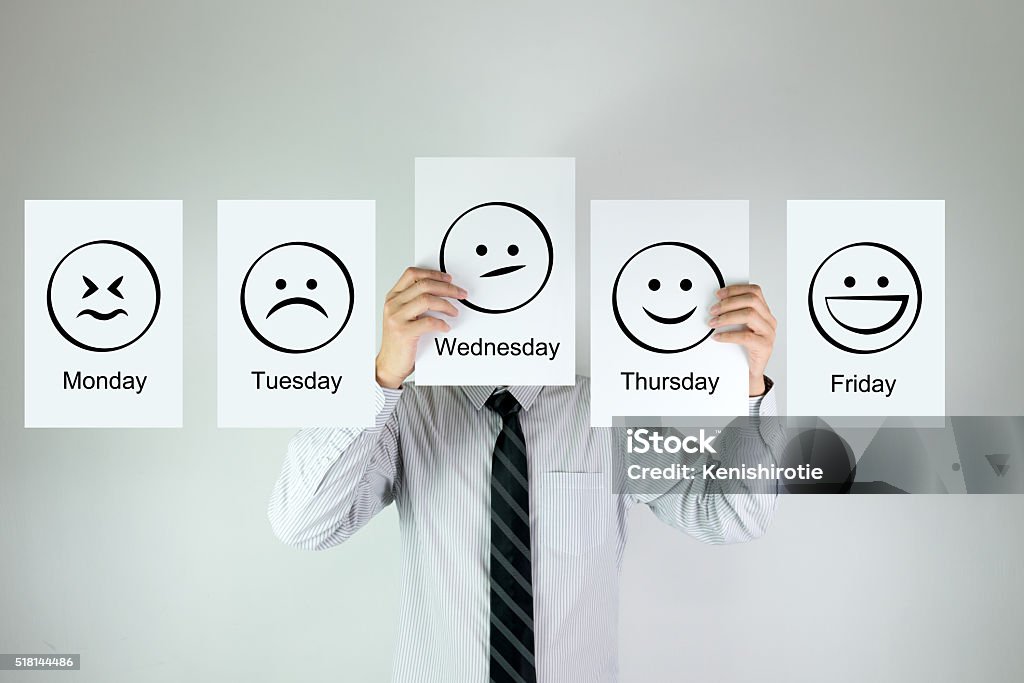 Weekly work emotion Evolution of business person from Monday to Friday Mental Health Stock Photo