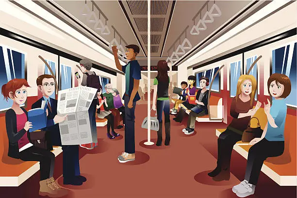Vector illustration of Different people inside crowded subway