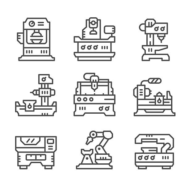 illustrazioni stock, clip art, cartoni animati e icone di tendenza di impostare di icone di macchine utensili linea - hydraulic platform immagine