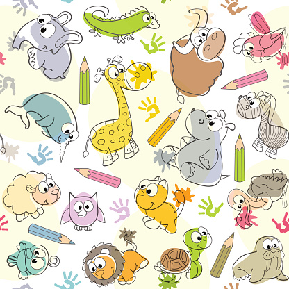 seamless pattern with  kids' drawings of animals - vector illustration, eps