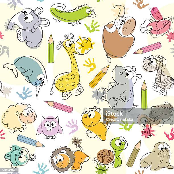 Seamless Pattern With Kids Drawings Of Animals Stock Illustration - Download Image Now - Baby - Human Age, Drawing - Art Product, Cartoon