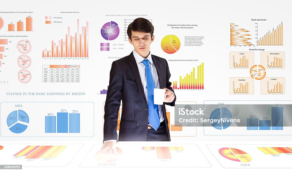 Market business Young businessman and statistics information at background Adult Stock Photo