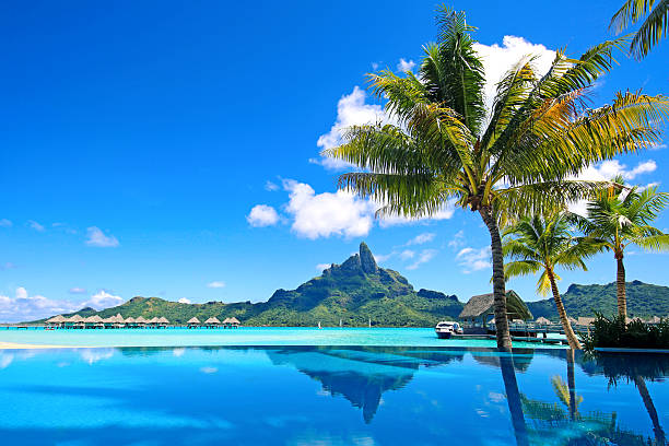 Bora Bora Infinity Pool Mt Otemanu reflected in swimming pool. bora bora mountain stock pictures, royalty-free photos & images