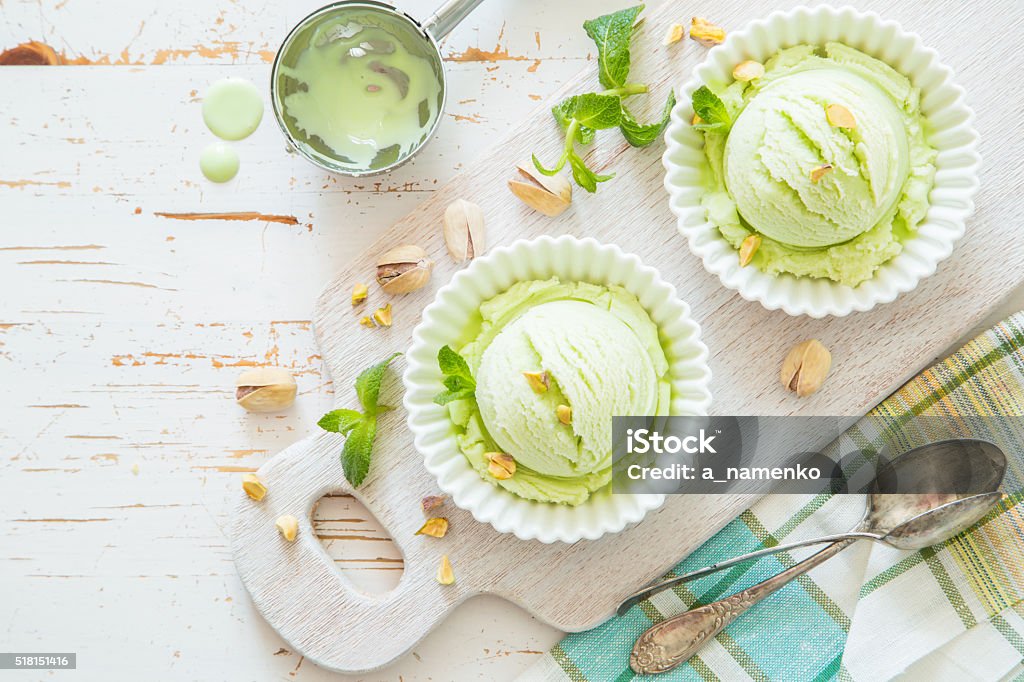 Pistachio ice cream in white bowl Pistachio ice cream in white bowl, copy space, top view Dessert - Sweet Food Stock Photo