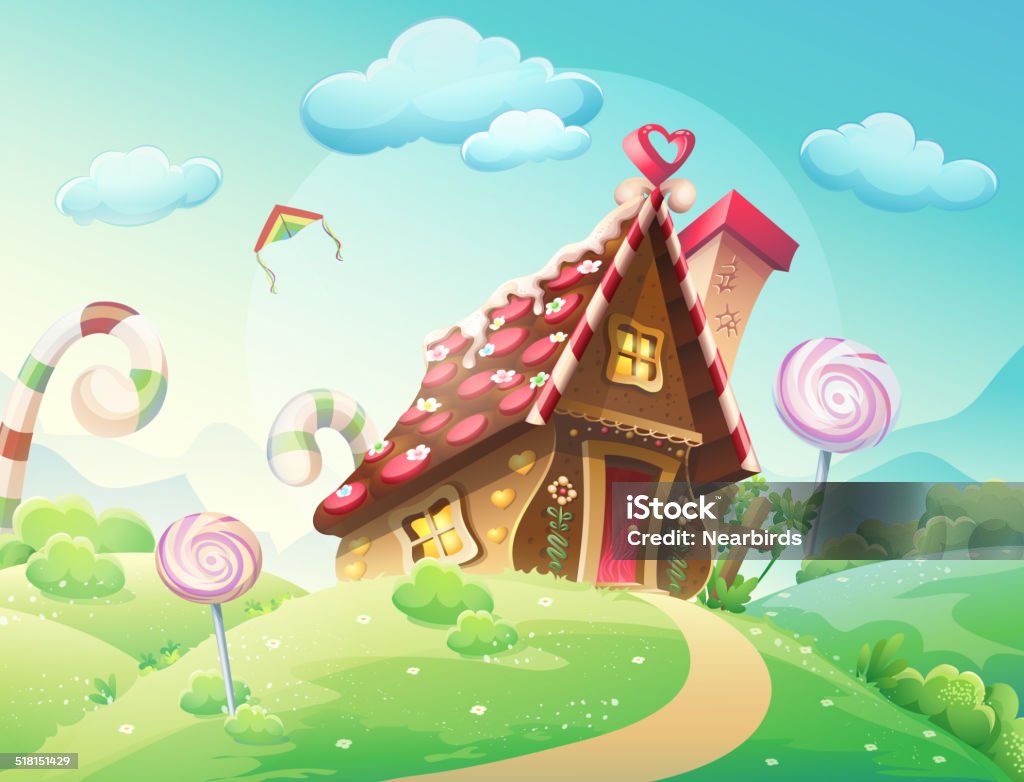 Sweet house cookies and candy of meadows and growing caramels Illustration of sweet house of cookies and candy on a background of meadows and growing caramels. EPS10 Backgrounds stock vector