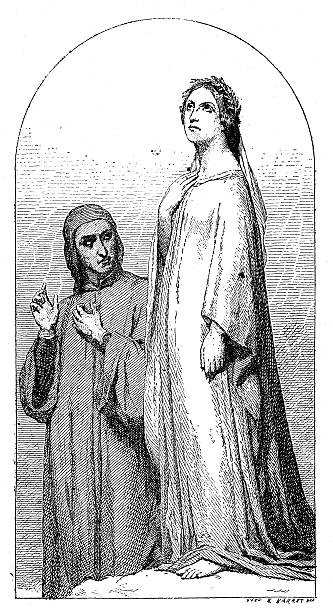 Antique illustration of Dante and Beatrice Antique illustration of Dante Alighieri and Beatrice (drawing taken from a painting by 19th century Dutch-French Romantic painter Ary Scheffer). The poet, represented with his long nose, wears his medieval long tunic with headgear. On an elevated position (reflecting the fact she is in Paradise in Dante's Divina Commedia) there is Beatrice, wearing a long white tunic, a laurel on her head and looking up to the sky or to the Divine dante stock illustrations