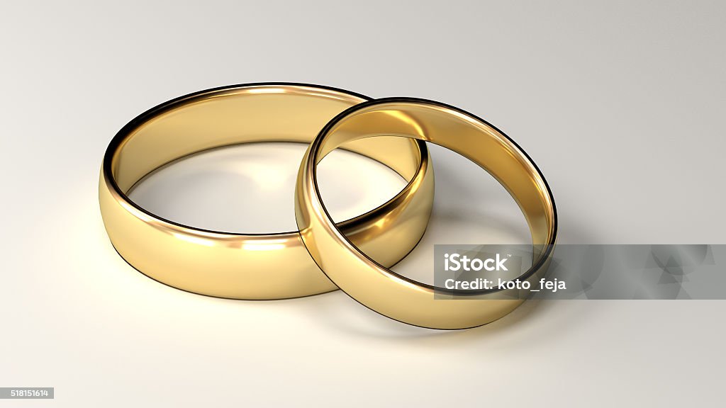 Wedding Rings Two golden Wedding Rings on white-gray background - 3d rendered image Couple - Relationship Stock Photo