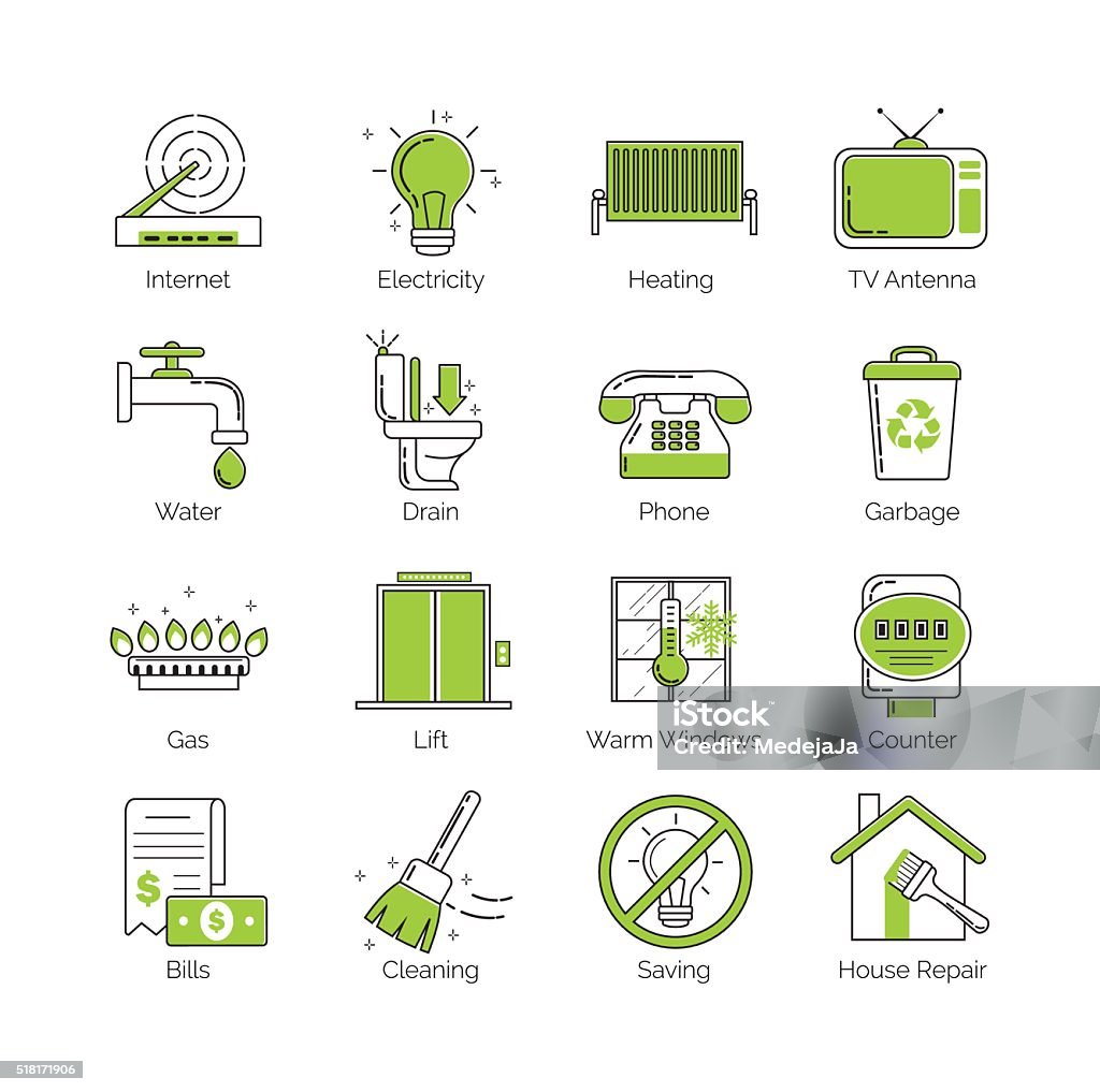 Thin line public utility, housing facilities, communal services vector icons A set of modern thin line with green coloring public utility, housing facilities, communal housing services vector icons Financial Bill stock vector