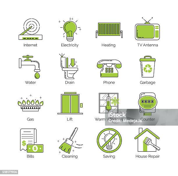 Thin Line Public Utility Housing Facilities Communal Services Vector Icons Stock Illustration - Download Image Now