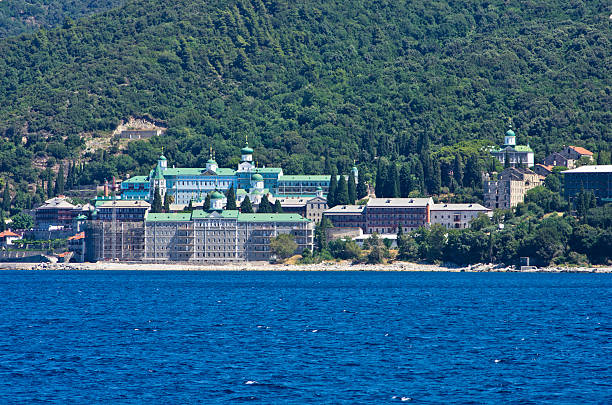 istock Russian monastery at aegean sea below holy mountain Athos 518173185