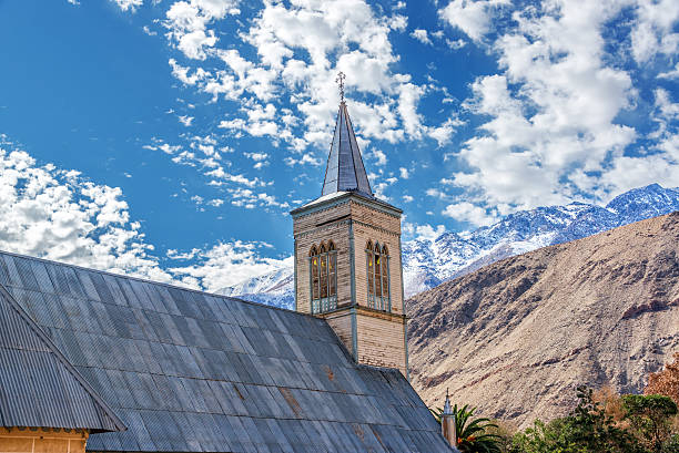 Church with Andes mountains in the background in Pisco Elqui in the Elqui Valley in Chile
