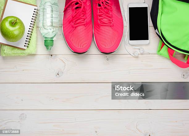 Sport And Fitness Concept On Wooden Planks Background Stock Photo - Download Image Now