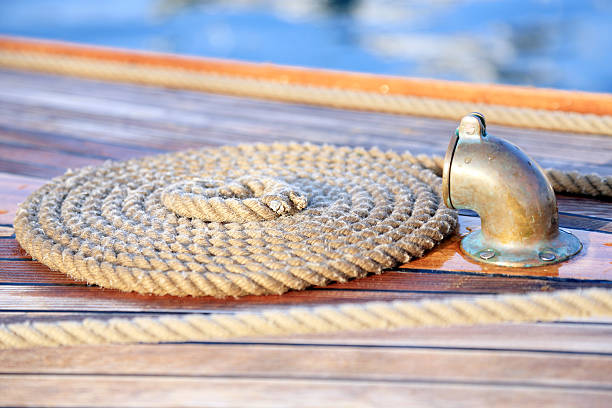 Rolled rope on old sailboat deck