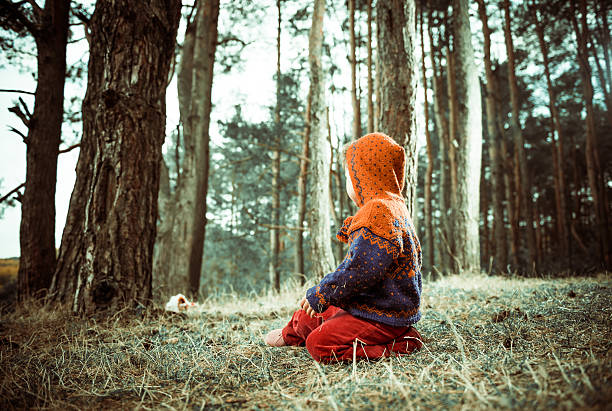 A small child, a boy is peeking through a hole in a tree at you with a blue eye.