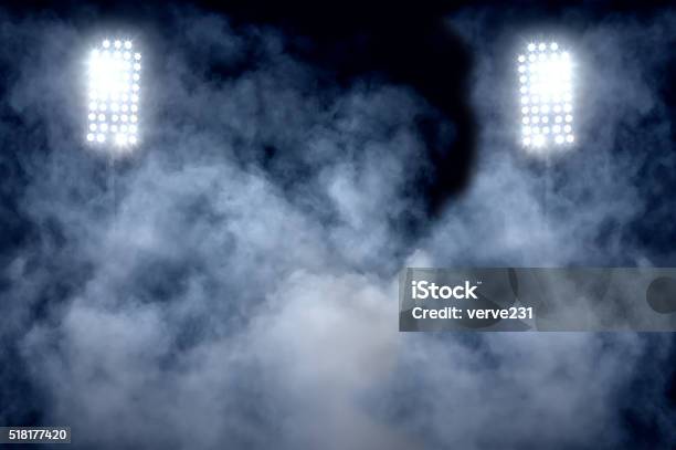 Stadium Lights And Smoke Stock Photo - Download Image Now - Floodlight, Stadium, Soccer