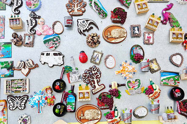 Izmir, Turkey - March 18, 2016: Fridge magnets of Sirince village of Izmir are standing on a gifts shop's wall for sale in Sirince, Izmir.
