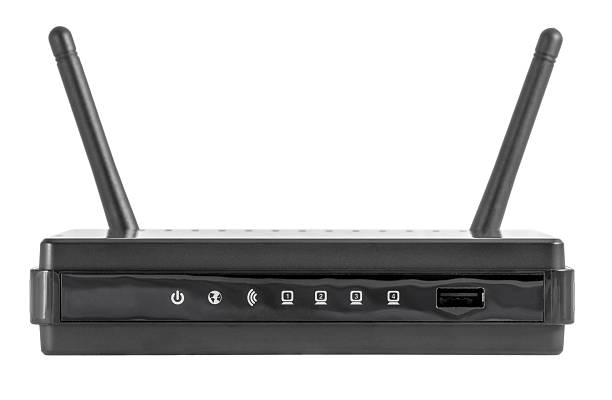 istock Black wireless internet network wi-fi router solated on white background 518182636