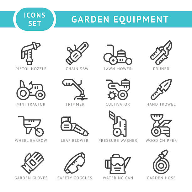 Set line icons of garden equipment Set line icons of garden equipment isolated on white. This illustration - EPS10 vector file. gas pump hand stock illustrations
