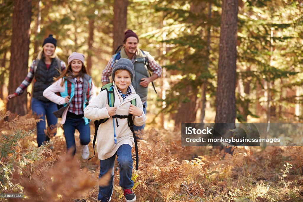 Family enjoying hike in a forest, California, USA Hiking Stock Photo