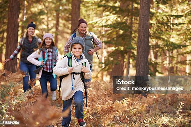 Family Enjoying Hike In A Forest California Usa Stock Photo - Download Image Now - Hiking, Family, Autumn