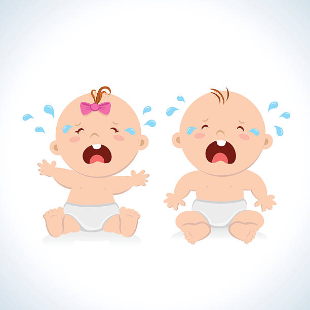 Crying baby Cute baby boy and girl sitting in a diaper. crying baby cartoon stock illustrations