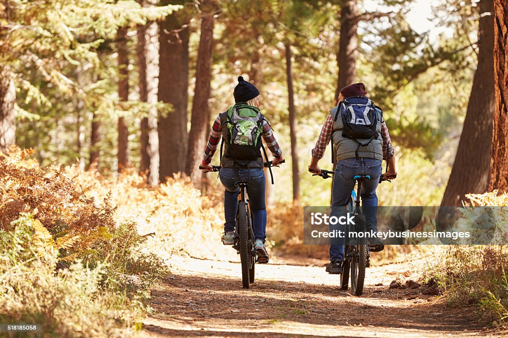 Couple mountain biking through forest, back view full length Cycling Stock Photo