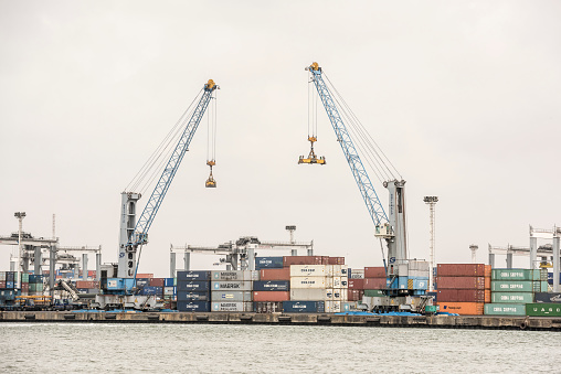 Lagos docks with cranes and containers, Nigeria.