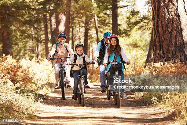 Abuelos Y Niños Ciclismo En El Bosque Camino California Foto de stock y más banco de imágenes de Familia