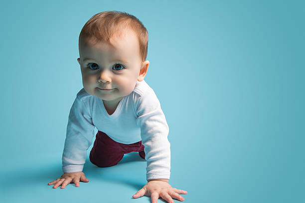 Happy little baby Happy little child crawling on blue background. Image taken with Hasselblad H3D camera system developed from camera RAW. crawling photos stock pictures, royalty-free photos & images