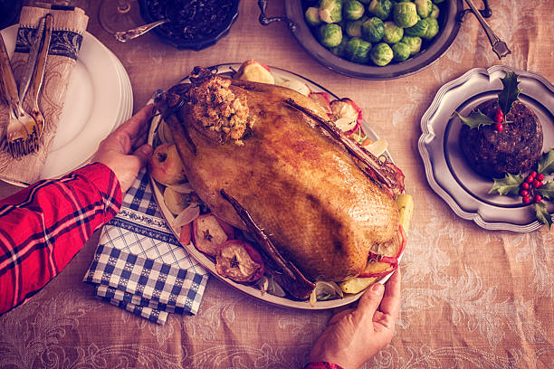 Traditional German holiday goose dinner with dumplings, red cabbage and stollen