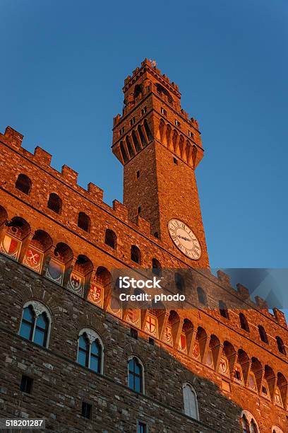 Palazzo Vecchio Tower In The Evening Sun Florence Stock Photo - Download Image Now - Authority, Blue, Building Exterior