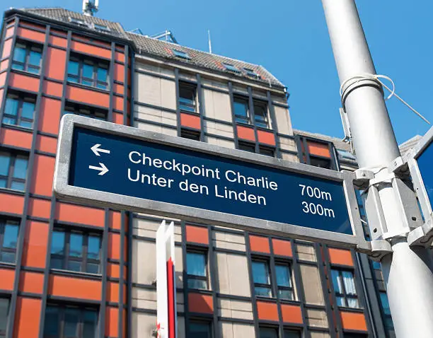street sign in the famous Friedrichstrasse in Berlin with some wellknown landmarks on it