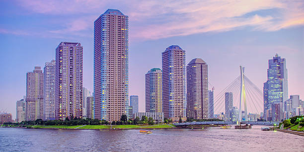 Waterfront Highrise Buildings in Tokyo Luxury waterfront highrise building in Sumida/Tokyo at sunset sumida ward photos stock pictures, royalty-free photos & images