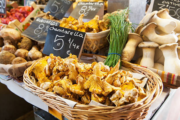 Chantarellus cibaris in a basket at food market.