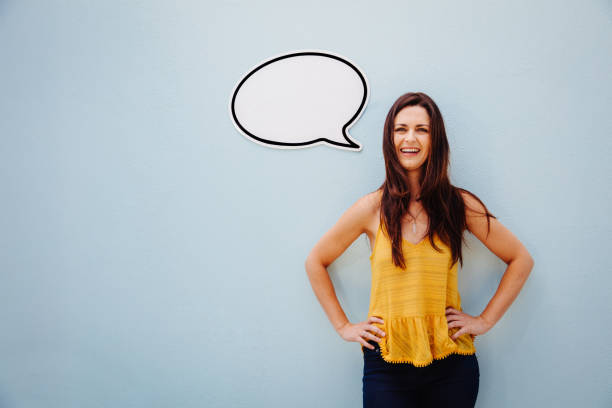 istock Caucasian middle aged woman with speech bubble 518206852
